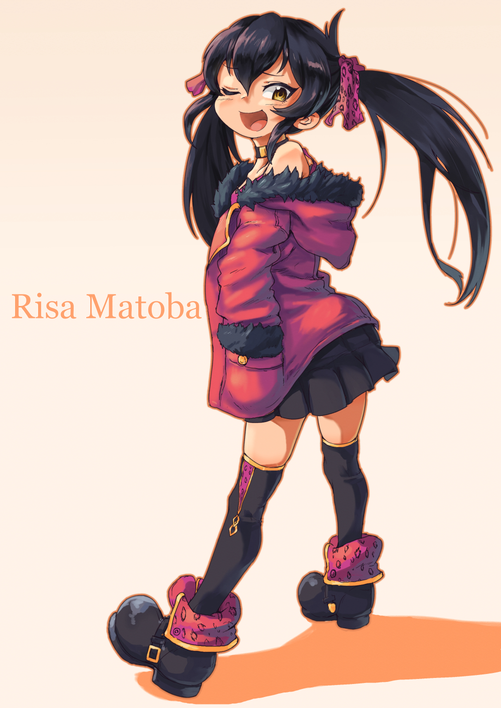 1girl animal_print batayu black_hair black_skirt boots choker commentary_request full_body fur-trimmed_hood fur-trimmed_sleeves fur_trim hair_ribbon hands_in_pockets highres hood hood_down hooded_jacket idolmaster idolmaster_cinderella_girls jacket leopard_print long_hair looking_at_viewer matoba_risa miniskirt off_shoulder one_eye_closed open_clothes open_jacket open_mouth pleated_skirt print_ribbon ribbon single_bare_shoulder skirt smile solo thigh-highs twintails yellow_eyes zettai_ryouiki