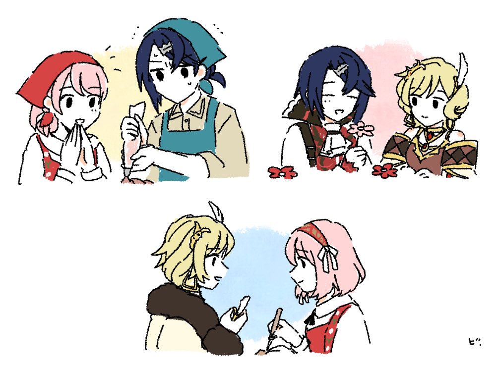 alcryst_(fire_emblem) alternate_costume apron ascot asymmetrical_hair baking blonde_hair blue_hair citrinne_(fire_emblem) closed_eyes dolly_deer earrings feather_hair_ornament feathers fire_emblem fire_emblem_engage flower fur_trim hair_ornament hairband hairclip holding hoop_earrings jewelry lapis_(fire_emblem) necklace pink_hair red_hairband ribbon shirt short_hair white_ascot white_background white_ribbon