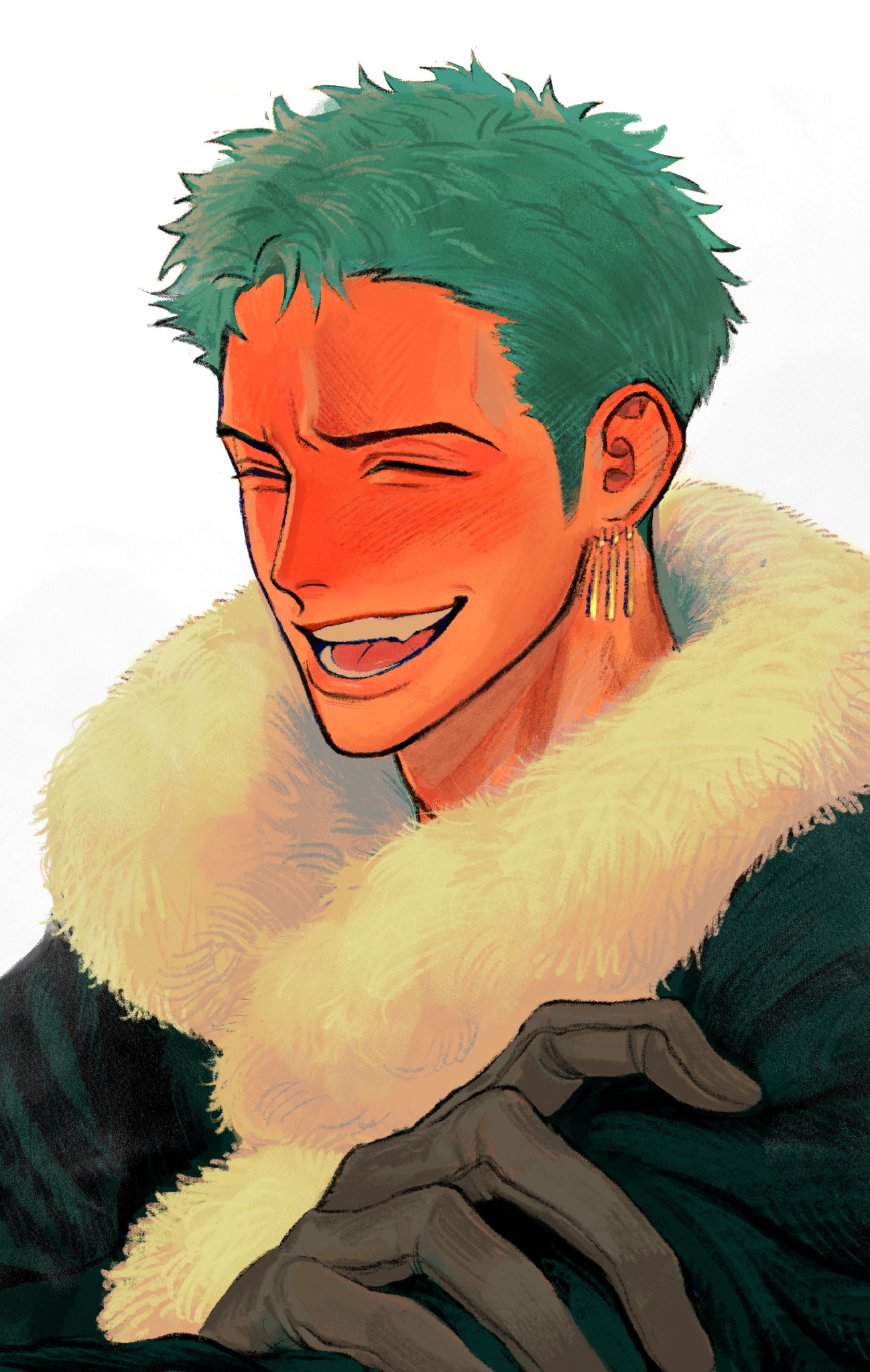 1boy blush coat earrings facing_ahead gloves green_hair highres jewelry laughing long_sideburns male_focus nok_(nok_1) one_piece roronoa_zoro short_hair sideburns sideburns_stubble single_earring solo upper_body winter_clothes