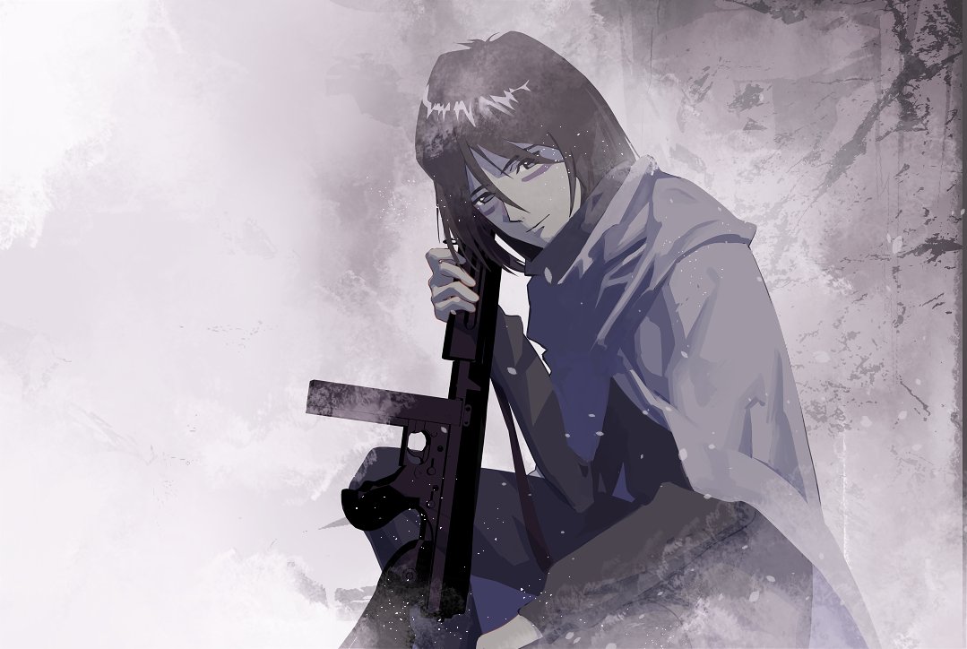 1boy androgynous black_hair cape closed_mouth cofffee cowboy_bebop facial_mark grencia_mars_elijah_guo_eckener gun holding holding_gun holding_weapon looking_at_viewer looking_to_the_side male_focus otoko_no_ko smile solo weapon