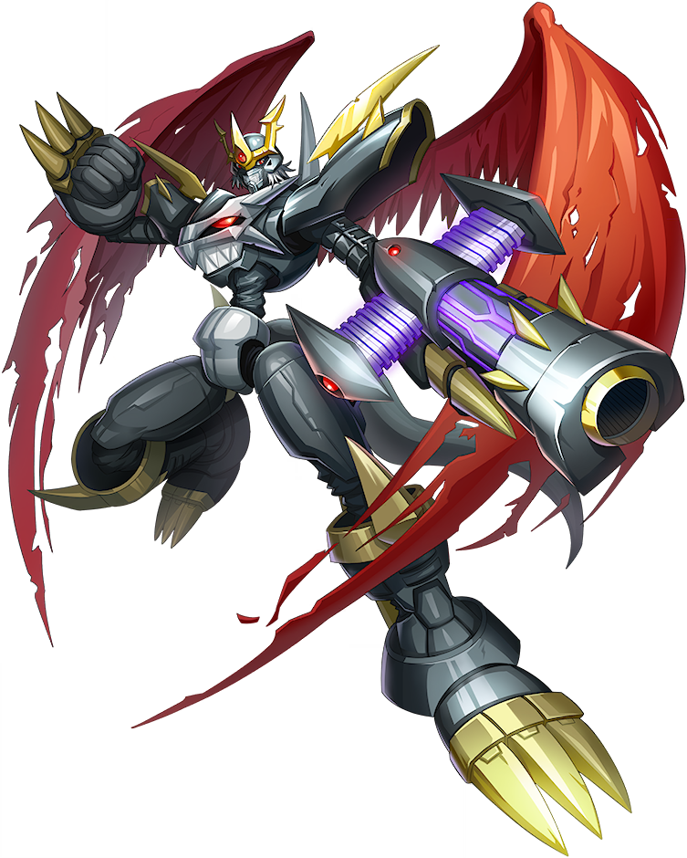 armor belt cannon claws digimon horns imperialdramon imperialdramon_fighter_mode_(black) non-web_source official_art red_eyes sharp_teeth tail teeth transparent_background wings