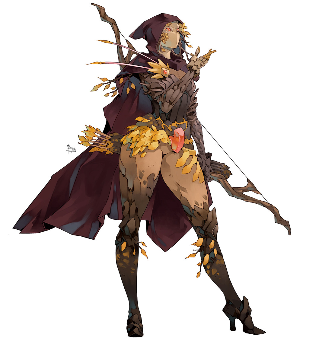 1girl arm_up arrow_(projectile) artist_name bodice boots bow_(weapon) branch brown_cloak brown_gloves cloak dark_skin gloves high_heel_boots high_heels hood hood_up hooded_cloak leaf looking_up mizael_tengu monster_girl no_mouth no_pupils orange_eyes original plant_girl quiver signature solo standing thick_thighs thighs tree_bark weapon white_background