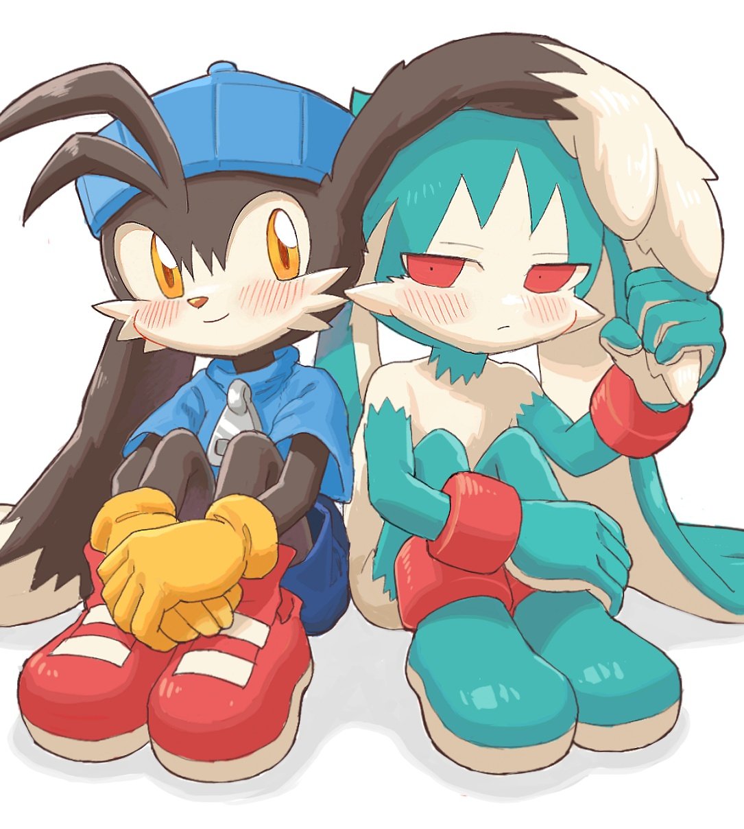 2boys amber_graygamma animal_ears animal_nose blue_headwear blue_shirt closed_mouth eye_contact furry furry_male gloves grabbing_another's_ear hand_on_another's_ear hat highres kaze_no_klonoa king_of_sorrow klonoa knees_up looking_at_another multiple_boys rabbit_boy rabbit_ears red_eyes red_footwear shadow shirt short_sleeves simple_background sitting smile white_background yellow_eyes yellow_gloves zipper_pull_tab
