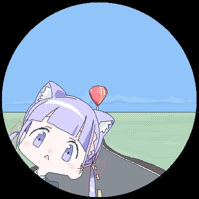 1girl aircraft autorefractor_test black_border blue_sky blunt_bangs blush_stickers border cat_ear_hairband commentary_request day field hair_ribbon horizon hot_air_balloon jaggy_lines lokulo-chan lokulo_no_mawashimono looking_at_viewer low_twintails lowres open_mouth original outdoors peeking_out portrait purple_hair red_ribbon ribbon road round_image sky solo twintails violet_eyes