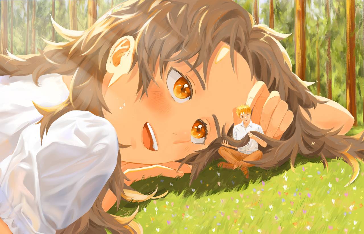 1boy 1girl blonde_hair brown_footwear brown_hair bug butterfly collared_shirt colored_eyelashes commentary day dress english_commentary flower_bed forest giant giantess holding_another's_hair kuwagatata leaf long_hair looking_at_another lying nature on_stomach open_mouth orange_eyes orange_pants original outdoors pants petting puffy_short_sleeves puffy_sleeves shadow shirt shoes short_sleeves silk sitting size_difference smile sunlight teeth tree upper_teeth_only white_dress white_shirt