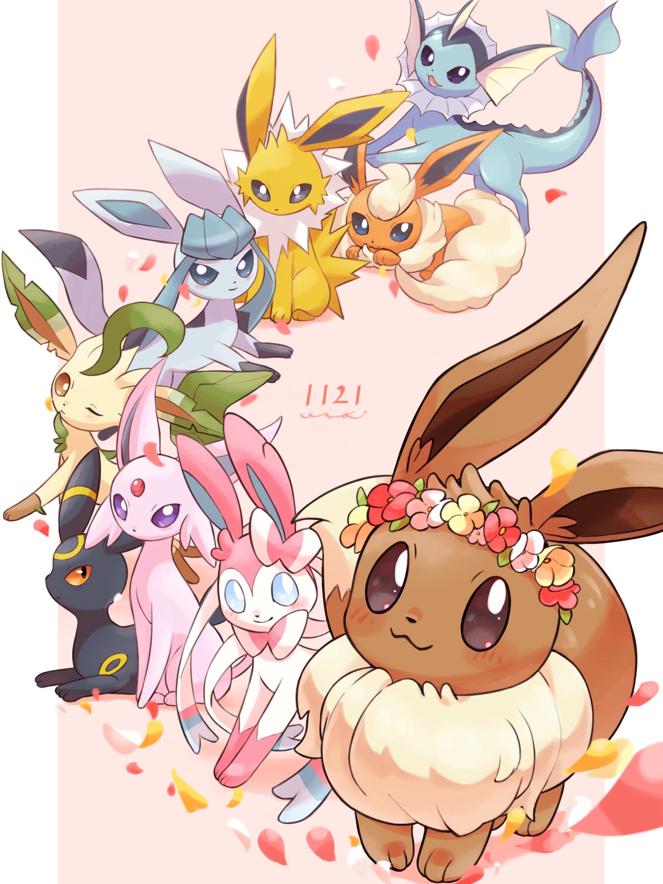 :3 blush bright_pupils closed_mouth commentary_request eevee espeon flareon flower_wreath glaceon highres jolteon leafeon looking_at_viewer no_humans one_eye_closed petals pokemon pokemon_(creature) smile surumeika_(ninfiiiir) sylveon umbreon vaporeon white_pupils