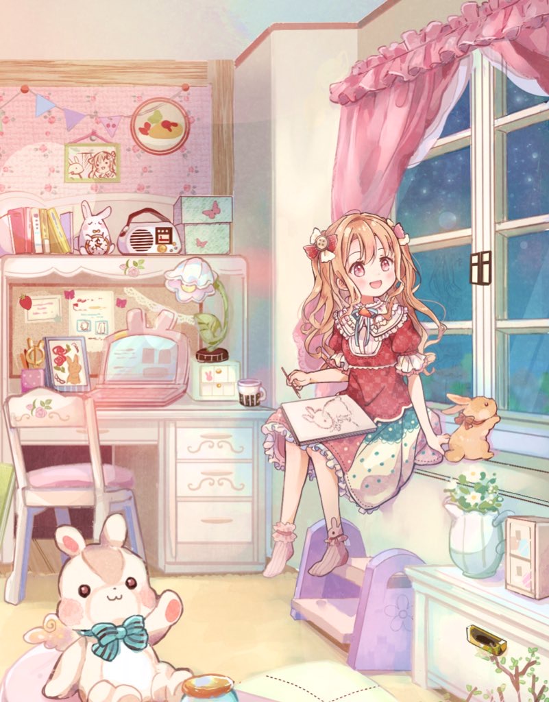 1girl :d analog_clock aqua_bow aqua_bowtie blue_ribbon blush book bow bowtie box bulletin_board carpet chair clock commentary_request computer cup curtains desk desk_lamp detached_collar drawer dress flower frilled_dress frilled_sleeves frilled_socks frills hacosumi hair_between_eyes hair_bow holding holding_pencil indoors jar lamp laptop long_hair mug neck_ribbon night one_side_up open_mouth orange_hair original paper pencil picture_frame pink_socks plant puffy_short_sleeves puffy_sleeves rabbit radio red_bow red_dress ribbon shelf short_sleeves sidelocks sitting sketchbook smile socks solo string_of_flags stuffed_animal stuffed_toy table tareme vase violet_eyes white_bow white_flower window