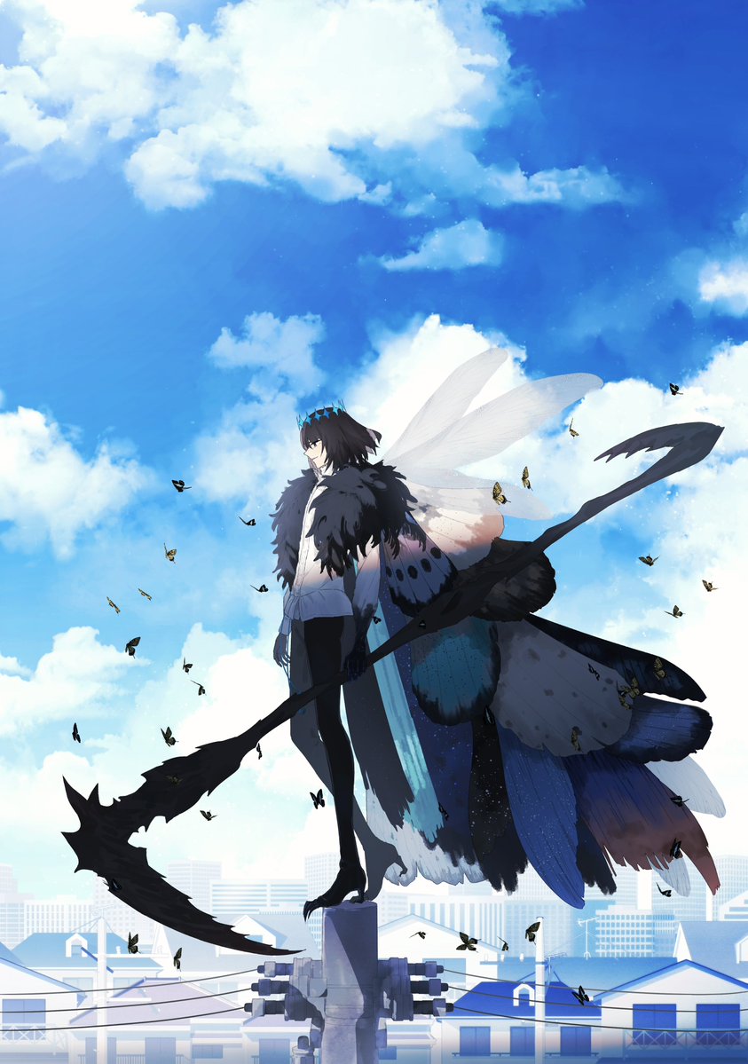 1boy black_hair bug cityscape clouds cloudy_sky crown fate/grand_order fate_(series) holding holding_scythe house insect_wings moth ninjin_(ne_f_g_o) oberon_(third_ascension)_(fate) power_lines scythe shirt sky utility_pole white_shirt wings