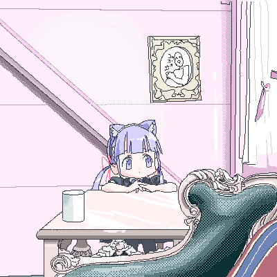 1girl armchair arms_on_table black_skirt black_sleeves blunt_bangs cat_ear_hairband chair commentary_request cup curtains dithering dot_mouth expressionless hair_ribbon indoors jaggy_lines lokulo-chan lokulo_no_mawashimono long_hair looking_to_the_side low_twintails lowres original overexposure picture_frame puffy_short_sleeves puffy_sleeves purple_hair red_ribbon reference_request ribbon short_sleeves sitting skirt solo table twintails violet_eyes wide_shot window