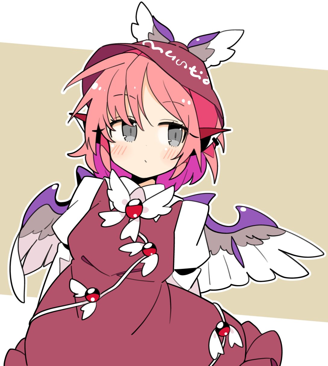 1girl animal_ears arms_behind_back bird_ears bird_wings blush brown_dress brown_headwear closed_mouth collared_shirt dress earrings frilled_dress frills grey_eyes hat highres ini_(inunabe00) jewelry long_sleeves looking_at_viewer mystia_lorelei pink_hair shirt short_hair single_earring sleeve_garter solo touhou upper_body white_shirt white_wings winged_hat wings