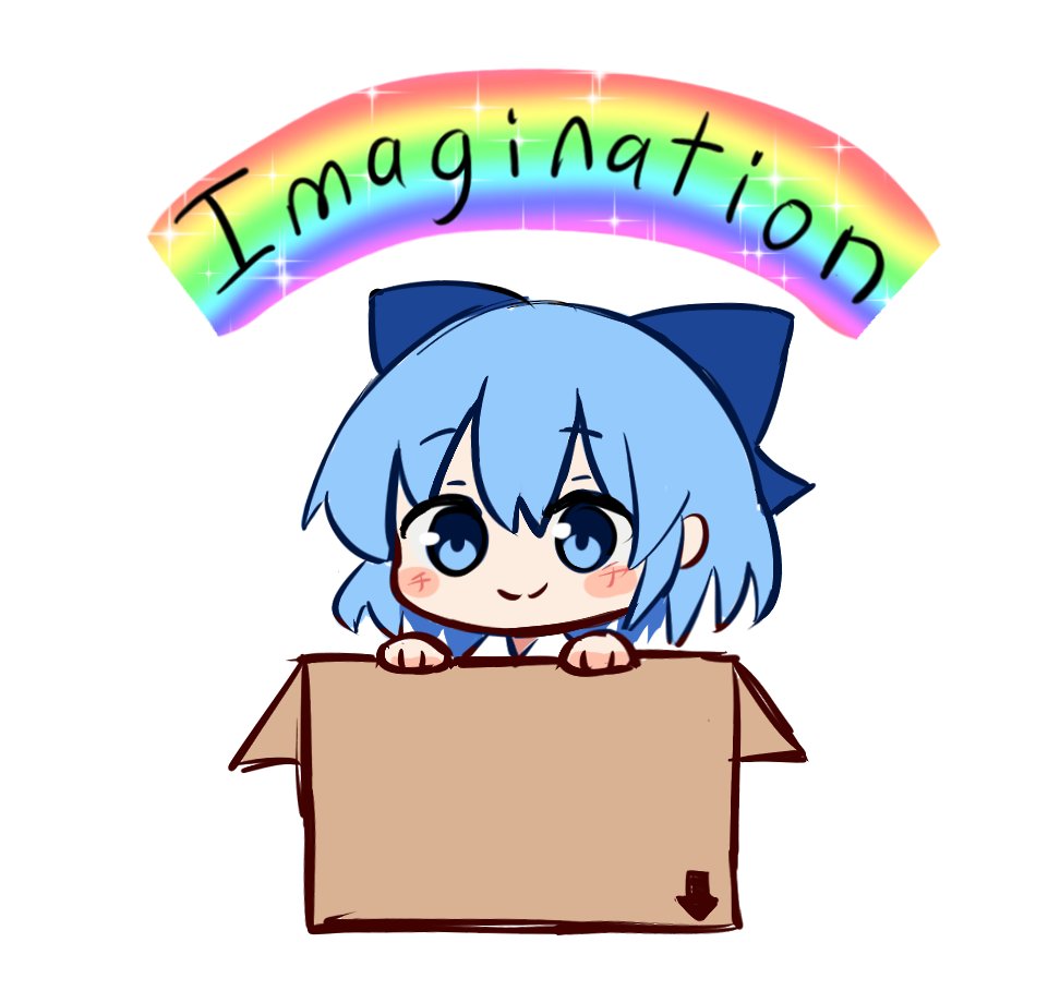 1girl blue_bow blue_hair bow box cardboard cirno commentary english_commentary ferdy's_lab hair_bow rainbow short_hair simple_background solo touhou white_background