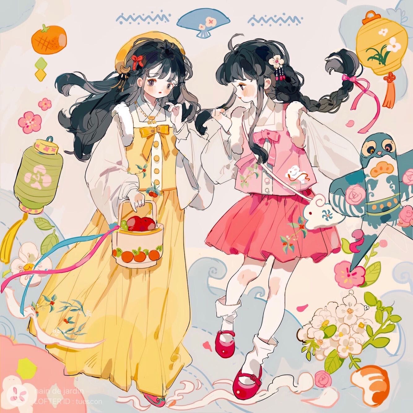 2girls ahoge animal_bag animal_print ankle_socks apple apple_print bag basket belt_buckle beret black_hair blush_stickers bow bowtie braid buckle buttons cherry_blossoms chinese_clothes closed_mouth commentary crescent crescent_hair_ornament english_commentary eyeshadow fashion floral_print flower folding_fan food footwear_bow frown fruit full_body fur-trimmed_vest fur_trim green_bow hair_bow hair_flower hair_lift hair_ornament hand_fan hand_up hat highres holding holding_basket kite lantern layered_sleeves leaf_print lofter_logo lofter_username long_hair long_sleeves looking_at_another makeup mary_janes miniskirt multiple_girls open_clothes open_vest orange_eyeshadow original outstretched_arm paper_lantern pink_bow pink_bowtie pink_flower pink_footwear pink_skirt pink_vest pleated_skirt putong_xiao_gou rabbit_bag rabbit_print red_bow red_footwear red_lips shirt shoes shoulder_bag sidelocks single_braid skirt socks vest violet_eyes waves white_background white_bag white_flower white_shirt white_socks wide_sleeves yellow_bow yellow_bowtie yellow_headwear yellow_skirt yellow_vest