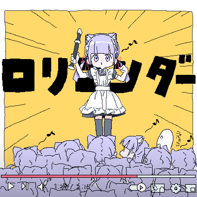 1other 6+girls animal_ears apron black_dress black_thighhighs blunt_bangs blush_stickers border buta_thunder_(vocaloid) cat_ears clone commentary_request conductor crowd dress emphasis_lines flute hair_ribbon holding holding_instrument instrument lokulo-chan lokulo_no_mawashimono lowres maid maid_apron multiple_girls odd_one_out original outside_border parody purple_hair recorder ribbon short_dress thigh-highs title_parody translation_request twintails user_interface violet_eyes whistling white_border yellow_background youtube