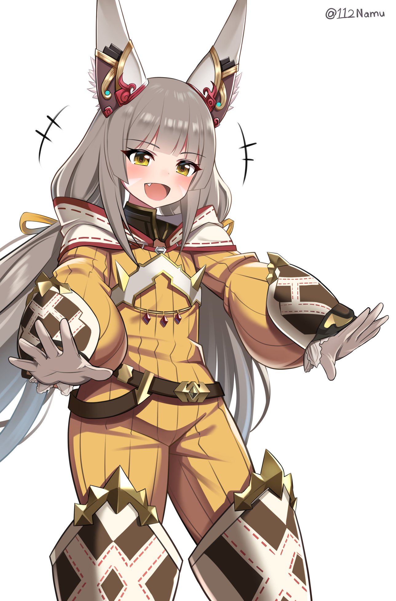 +++ 1girl :d animal_ear_fluff animal_ears blush brown_eyes commentary english_commentary fang feet_out_of_frame gloves grey_hair highres jumpsuit long_hair long_sleeves looking_at_viewer low_twintails namu_(112namu) nia_(xenoblade) outstretched_arms puffy_long_sleeves puffy_sleeves simple_background smile solo standing twintails twitter_username very_long_hair white_background white_gloves xenoblade_chronicles_(series) xenoblade_chronicles_2 yellow_jumpsuit