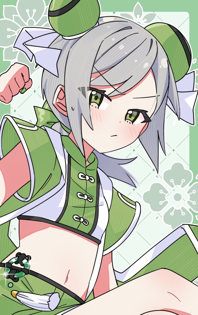 1girl :/ blush border bow breasts bun_cover chinese_clothes clenched_hand cropped_shirt crossed_legs double_bun floral_background green_background green_border green_bow green_eyes green_nails green_shirt green_shorts grey_hair grid_background hair_bow hair_bun hand_up hinomori_shiho knees_up looking_at_viewer low_ponytail medium_hair midriff navel outside_border project_sekai sanjuqing'an shirt short_sleeves shorts sitting small_breasts solo upper_body v-shaped_eyebrows