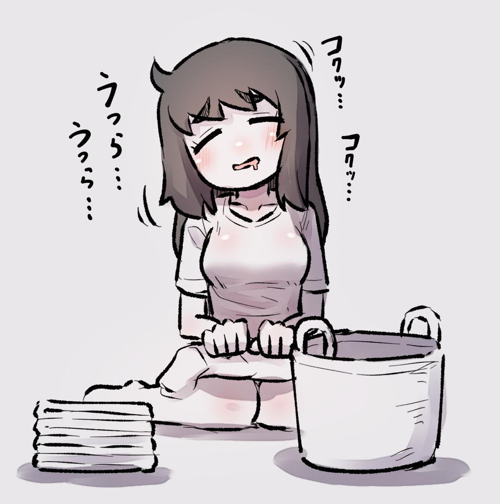 1girl barefoot basket blush breasts brown_hair closed_eyes drooling facing_viewer folded_clothes grey_background head_tilt laundry medium_breasts mouth_drool original parted_lips shadow shirt short_sleeves simple_background solo translation_request u-non_(annon'an)