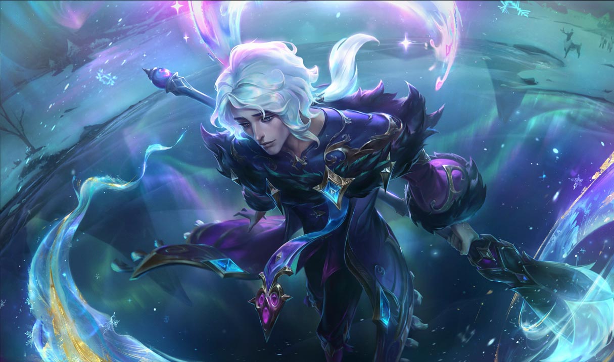 1boy aurora closed_mouth coat deer english_commentary floating frozen_lake fur-trimmed_coat fur_trim holding holding_brush holding_weapon hwei_(league_of_legends) lake league_of_legends light_particles long_hair male_focus official_alternate_costume official_alternate_hairstyle official_art outdoors ponytail purple_coat smile snow snowflakes solo tree violet_eyes weapon white_hair winterblessed_hwei