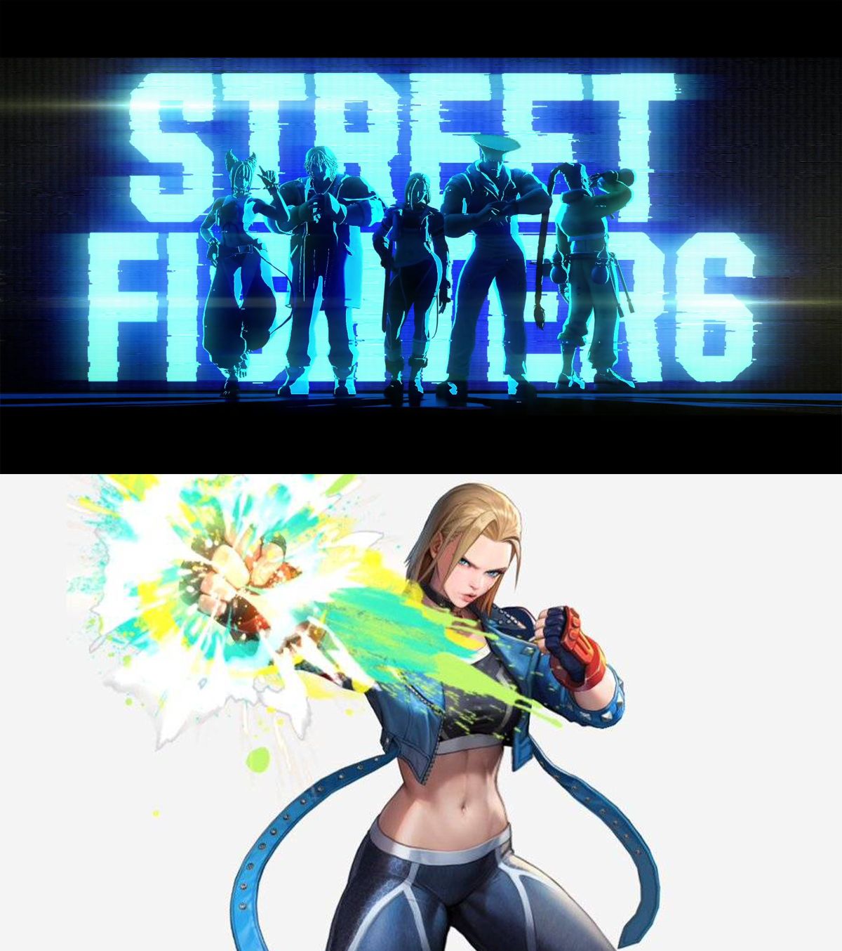 aura blonde_hair blue_jacket cammy_white clenched_hand gauntlets guile han_juri highres jacket jamie_siu ken_masters logo midriff official_art punching shadow short_hair street_fighter street_fighter_6 the_king_of_fighters_all-stars