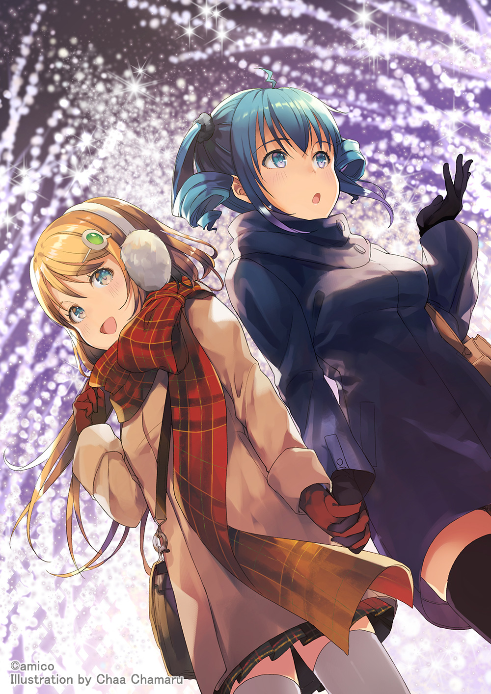 2girls amiami_(company) amico bag black_gloves black_thighhighs blue_eyes blue_hair blush breasts christmas_lights earmuffs gloves hair_ornament highres holding_hands jacket lilco long_hair long_sleeves medium_breasts multiple_girls official_art open_mouth orange_hair plaid plaid_scarf red_gloves scarf sparkle thigh-highs twintails white_thighhighs winter_clothes yumekui