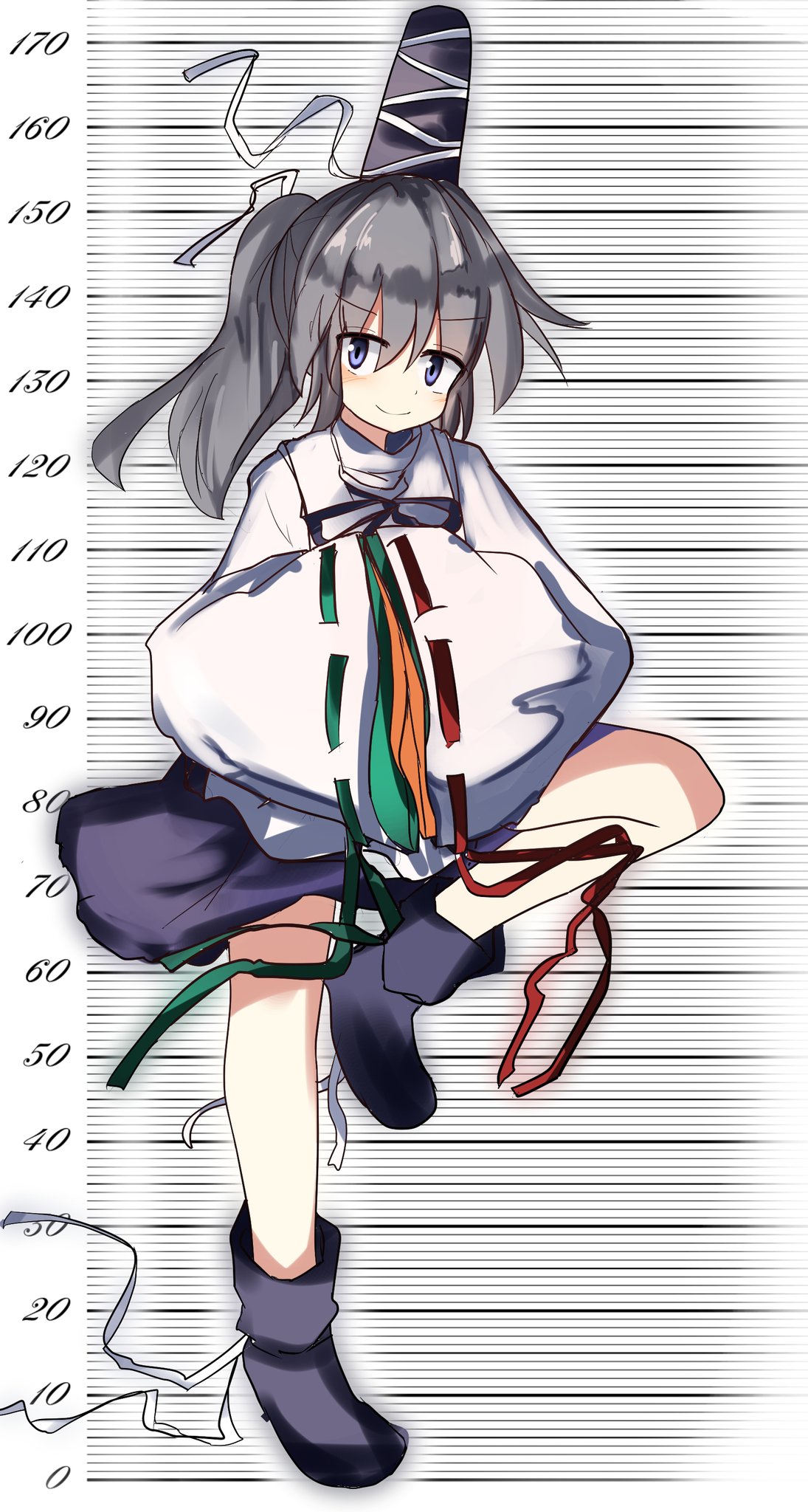 1girl black_footwear black_headwear black_skirt closed_mouth commentary_request full_body grey_eyes hands_in_opposite_sleeves hat height highres japanese_clothes kariginu looking_at_viewer mononobe_no_futo ribbon-trimmed_sleeves ribbon_trim safupara_(crnsrd65) skirt smile solo standing standing_on_one_leg tate_eboshi touhou