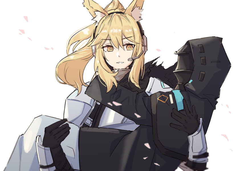 1girl 1other ambiguous_gender animal_ear_fluff animal_ears arknights armor arms_around_neck black_coat black_gloves blonde_hair carrying coat doctor_(arknights) gauntlets gloves hair_between_eyes high_ponytail hood hood_up hooded_coat horse_ears horse_girl implied_extra_ears long_hair looking_at_another mask motirimoti nearl_(arknights) parted_lips pauldrons ponytail princess_carry rhodes_island_logo shoulder_armor simple_background smile white_background yellow_eyes