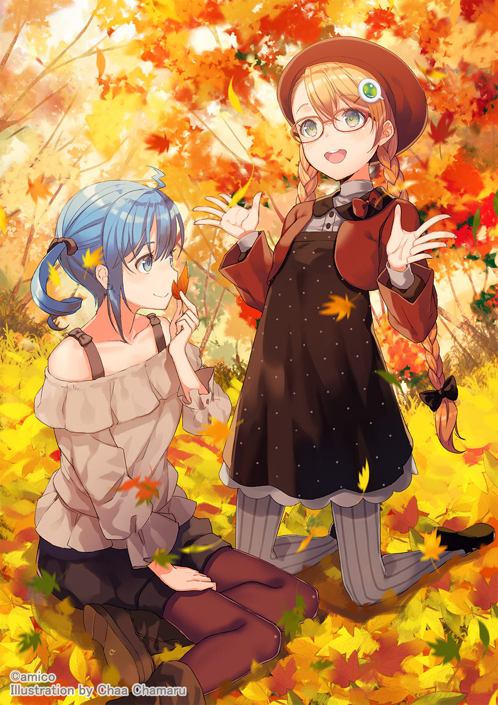 2girls amiami_(company) amico autumn autumn_leaves beret black_bow blue_eyes blue_hair blush bow braid brown_pantyhose day dress glasses grey_pantyhose hair_bow hair_ornament hat highres holding holding_leaf jacket kneeling leaf lilco long_hair long_sleeves multiple_girls official_art open_mouth orange_hair outdoors pantyhose red-framed_eyewear red_jacket sitting smile striped striped_pantyhose teeth twin_braids twintails upper_teeth_only very_long_hair yumekui