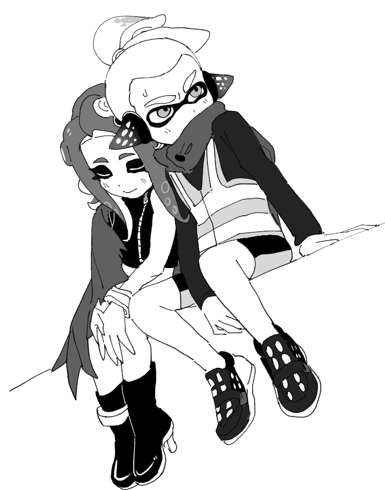 1boy 1girl agent_3_(splatoon) agent_8_(splatoon) blush boots cape closed_eyes crop_top dede_(qwea_00000) greyscale head_on_another's_shoulder hetero high_heel_boots high_heels inkling inkling_boy looking_to_the_side monochrome octoling octoling_girl ponytail sitting smile splatoon_(series) splatoon_2 splatoon_2:_octo_expansion tentacle_hair torn_cape torn_clothes