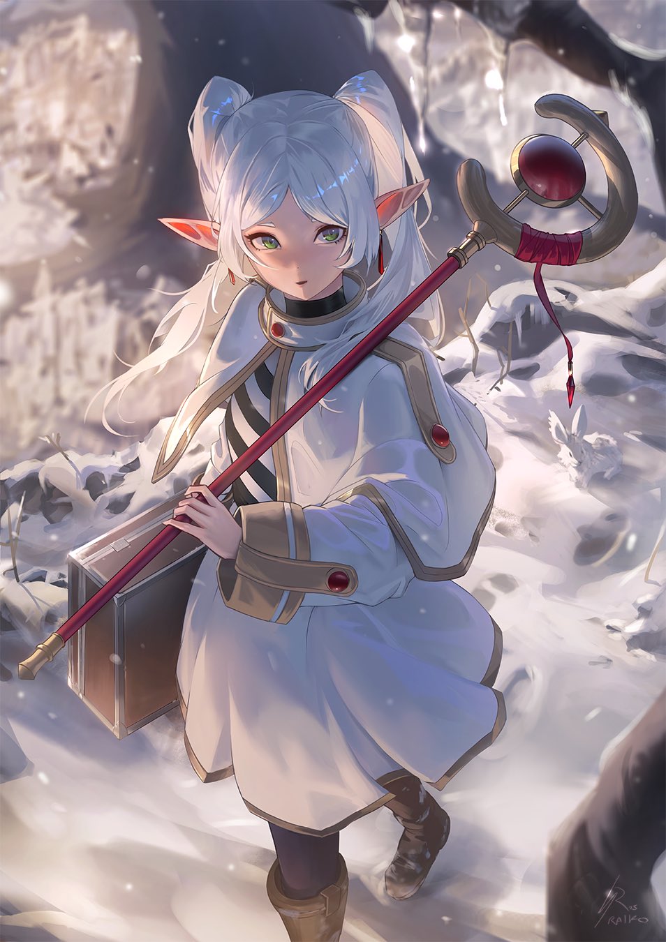 1girl boots brown_footwear capelet cold earrings footprints frieren green_eyes highres holding holding_staff jewelry long_hair looking_to_the_side outdoors pointy_ears rabbit raikoart shadow short_eyebrows snow solo sousou_no_frieren staff suitcase thick_eyebrows tree twintails walking white_capelet white_hair