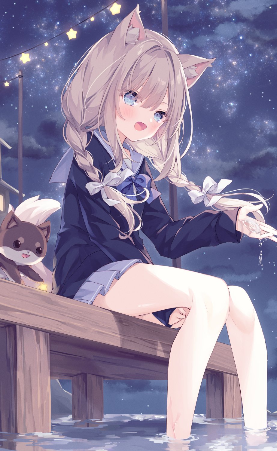 1girl animal animal_ear_fluff animal_ears between_legs black_shirt blue_eyes blue_sailor_collar blue_skirt bow braid brown_hair clouds commentary dog dog_ears dog_girl dog_tail english_commentary hair_between_eyes hair_bow hand_between_legs highres hoshi_(snacherubi) long_hair long_sleeves low_twintails night night_sky original outdoors pleated_skirt puffy_long_sleeves puffy_sleeves sailor_collar shirt sitting skirt sky sleeves_past_wrists soaking_feet solo star_(sky) star_(symbol) starry_sky tail twin_braids twintails water white_bow