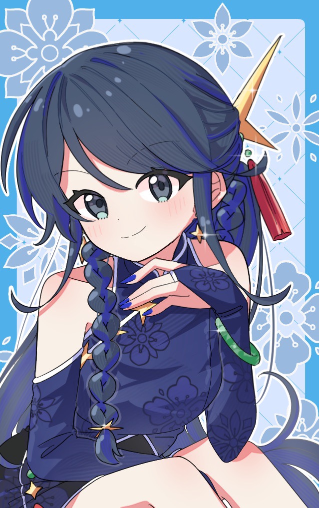 1girl bare_shoulders black_hair blue_background blue_border blue_bridal_gauntlets blue_dress blue_eyes blue_nails blush border bracelet braided_sidelock breasts bridal_gauntlets china_dress chinese_clothes closed_mouth dress floral_background grid_background hair_ornament hair_over_shoulder hand_on_own_chest hoshino_ichika_(project_sekai) jade_(gemstone) jewelry knees_up long_hair looking_at_viewer outside_border project_sekai sanjuqing'an sitting small_breasts smile solo sparkle_earrings star_(symbol) star_hair_ornament upper_body