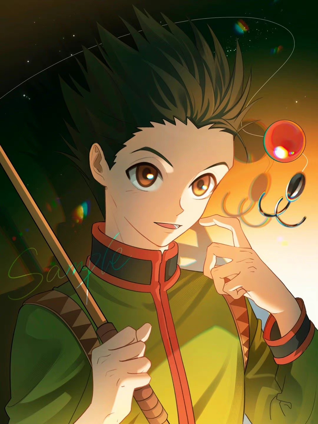 1boy black_hair brown_eyes child drop_shadow fishing_rod gon_freecss green_jacket highres holding hook hunter_x_hunter jacket looking_at_viewer male_focus open_mouth ppttppff scratching_cheek shadow short_hair smile solo spiky_hair upper_body