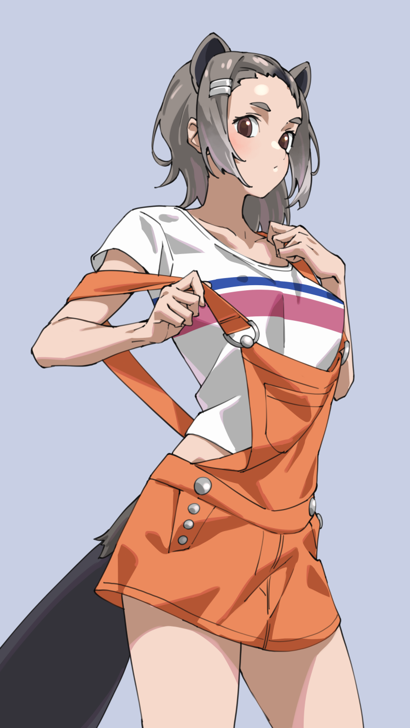 1girl american_beaver_(kemono_friends) animal_ears bare_arms beaver_ears beaver_tail brown_eyes collarbone commentary cowboy_shot extra_ears grey_background grey_hair hair_ornament hairclip highres kemono_friends looking_at_viewer orange_overalls overall_skirt overalls shirt short_hair short_sleeves simple_background solo t-shirt tail tanabe_(fueisei) white_shirt