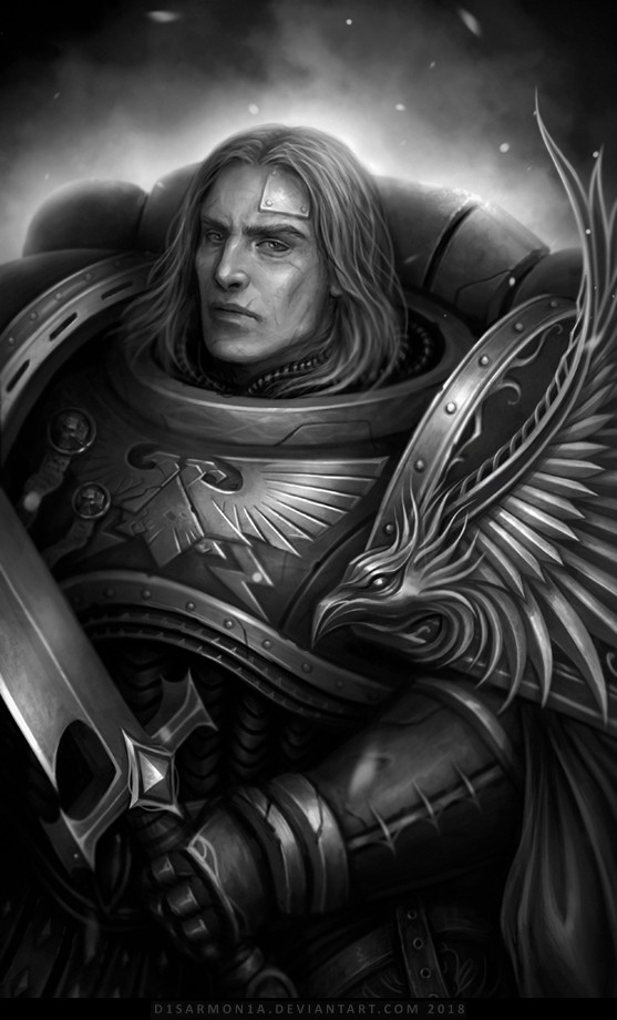 2018 armor artist_name breastplate emperor's_children gauntlets greyscale holding holding_sword holding_weapon imperial_aquila long_hair looking_at_viewer monochrome patch pauldrons portrait power_armor purity_seal saul_tarvitz shoulder_armor simple_background solo sword veronica_anrathi warhammer_40k weapon web_address