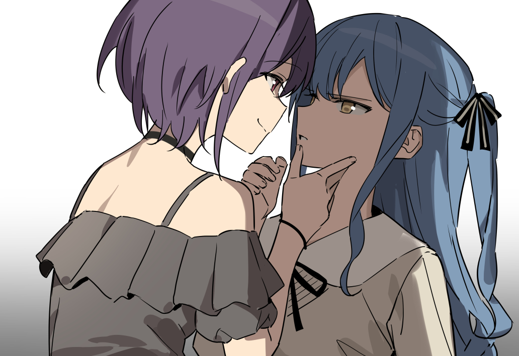 2girls bang_dream! bang_dream!_it's_mygo!!!!! bare_shoulders black_choker black_ribbon black_shirt blue_hair bracelet choker closed_mouth collared_shirt commentary_request eye_contact face-to-face furrowed_brow hair_ribbon hand_on_another's_chin hand_up jewelry korean_commentary long_hair looking_at_another multiple_girls namgic open_mouth pink_eyes profile purple_hair ribbon shirt short_hair sidelocks spaghetti_strap takamatsu_tomori togawa_sakiko upper_body yellow_eyes yuri