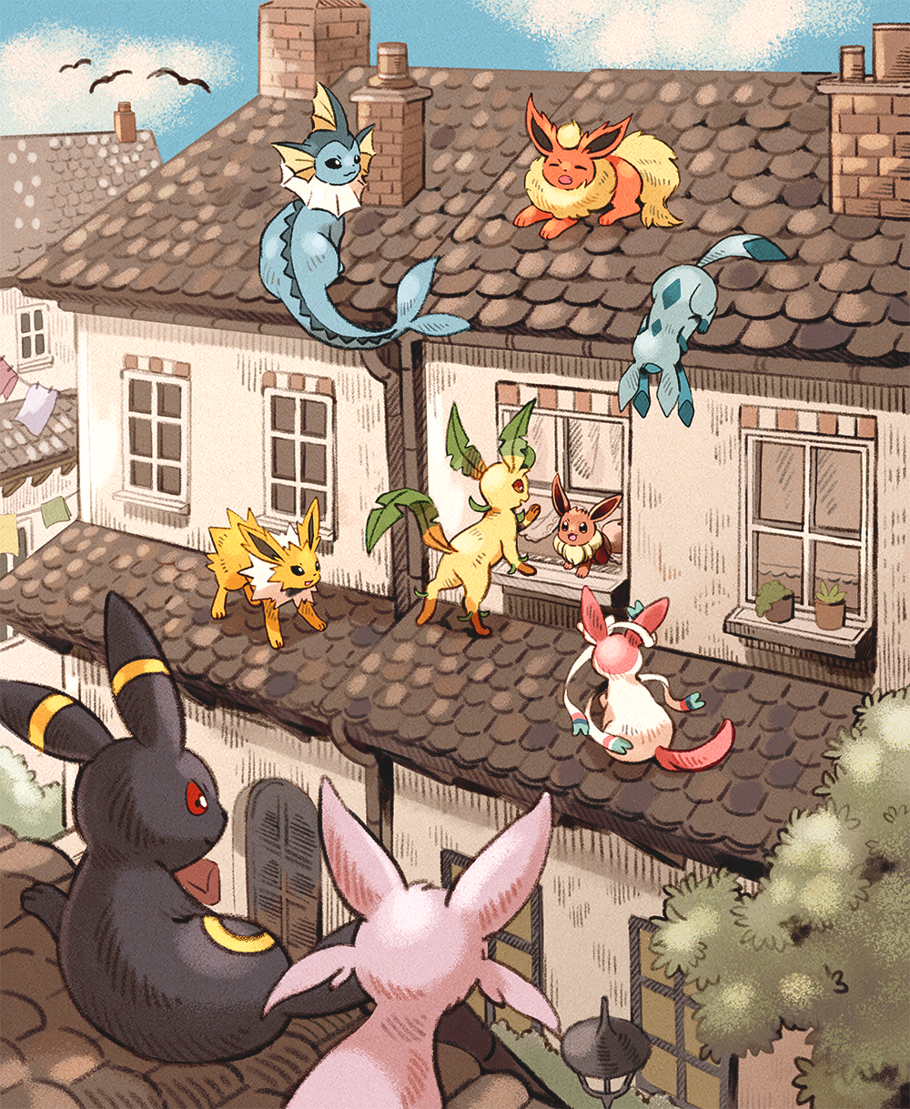 :d :o bird black_eyes blue_sky bright_pupils brown_eyes chimney closed_eyes closed_mouth clothesline clouds commentary_request dated_commentary day eevee espeon facing_away flareon flower_pot from_behind glaceon highres house jolteon lamppost leafeon looking_at_another matsuri_(matsuike) no_humans on_roof open_mouth outdoors plant pokemon pokemon_(creature) potted_plant red_eyes scenery sky smile sylveon tree umbrella v-shaped_eyebrows vaporeon white_pupils window yawning