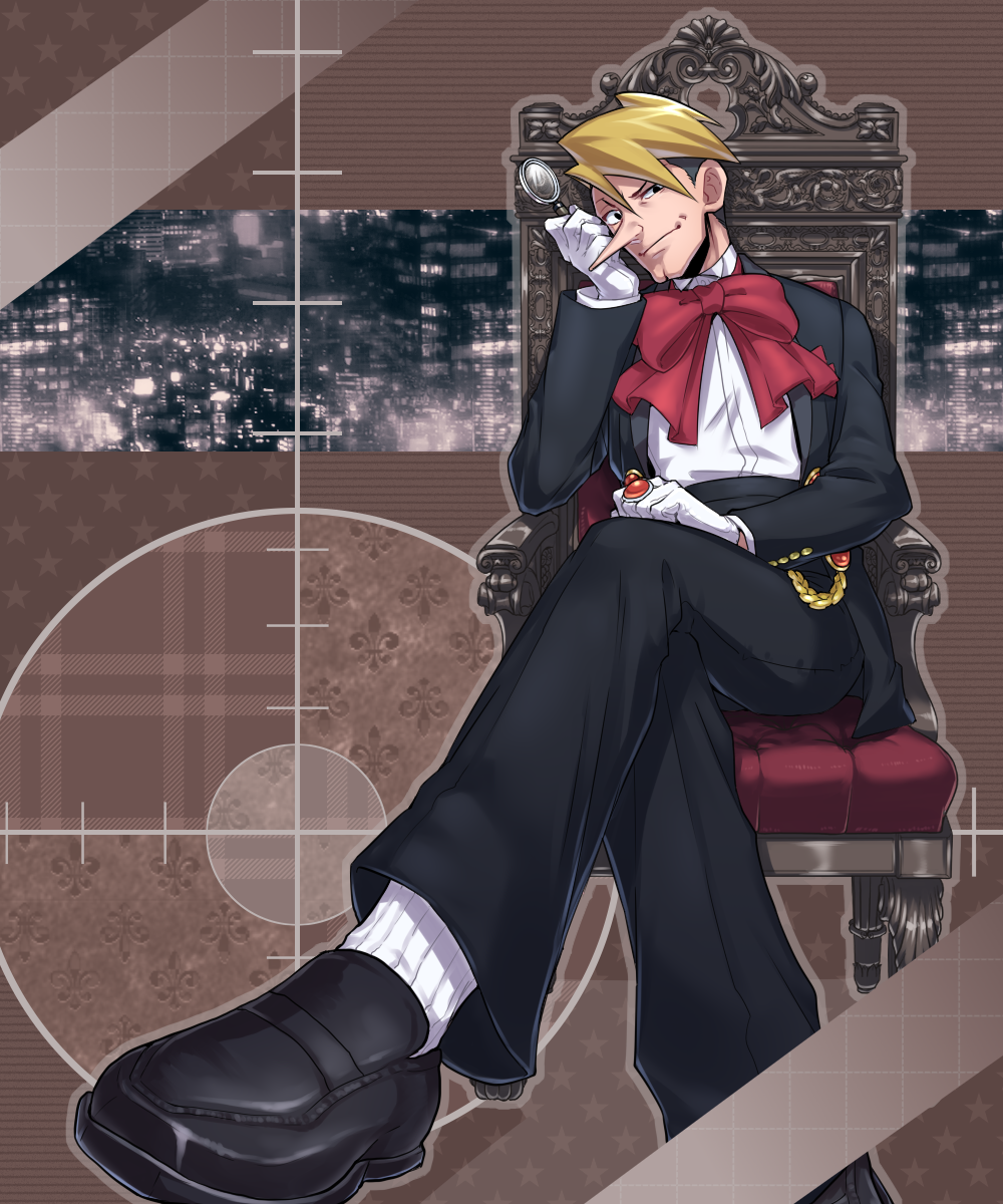 1boy ace_attorney blonde_hair chair highres imozonokan mens nose pixiv ribon self-upload shoes
