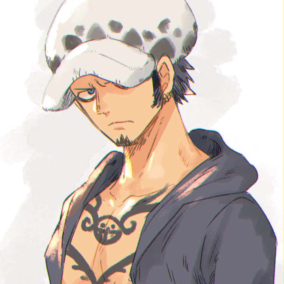 1boy black_hair chest_tattoo coat earrings facial_hair goatee hat jewelry looking_at_viewer male_focus namagomi_(op_laaaaw_tan) one_piece short_hair sideburns simple_background solo tattoo torso trafalgar_law upper_body white_background