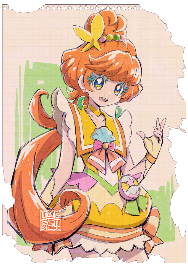 1girl artist_logo birthday blue_eyes choker colored_eyelashes cure_papaya dress earrings eyelash_ornament fingerless_gloves gloves hair_ornament happy heart heart_in_eye jewelry kamikita_futago long_hair looking_at_viewer magical_girl mismatched_eyelashes open_mouth orange_hair paper_background pouch precure sailor_collar shell_brooch smile solo symbol_in_eye thick_eyelashes tropical-rouge!_precure yellow_choker yellow_dress yellow_gloves yellow_sailor_collar