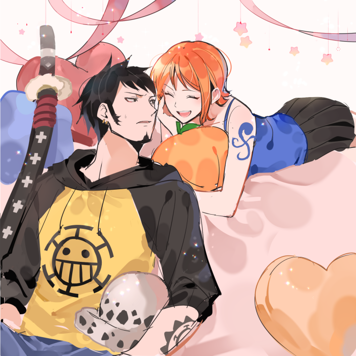 1boy 1girl ^_^ archived_source arm_tattoo bad_id bad_twitter_id black_hair black_skirt blue_tank_top closed_eyes couch earrings facial_hair goatee hat hood hoodie jewelry joman nami_(one_piece) on_couch one_piece orange_hair pillow sideburns single_sidelock skirt sword tank_top tattoo trafalgar_law weapon