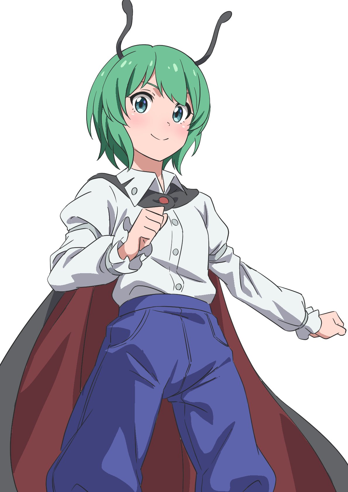 1girl antennae black_cape blue_pants buttons cape closed_mouth collared_shirt feet_out_of_frame green_eyes green_hair gyouza_(mhea5724) highres long_sleeves looking_at_viewer pants red_cape shirt short_hair simple_background smile solo touhou white_background white_shirt wriggle_nightbug