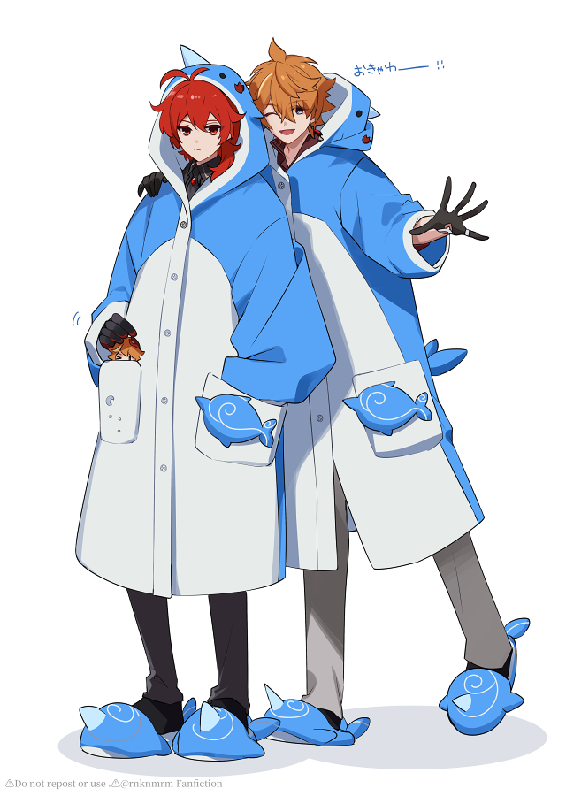 2boys ;d ahoge animal_hood animal_slippers antenna_hair arm_around_shoulder artist_name black_gloves black_pants black_socks blue_coat blue_eyes blue_footwear buttons character_doll closed_mouth coat commentary_request crossed_bangs diluc_(genshin_impact) earrings expressionless full_body genshin_impact gloves grey_pants hair_between_eyes half_gloves hand_in_pocket hand_on_another's_shoulder hood hood_up hooded_coat jewelry long_hair long_sleeves looking_at_viewer male_focus multicolored_coat multiple_boys one_eye_closed open_mouth orange_hair outstretched_arm pants pocket red_eyes red_gloves redhead rnknmrm short_hair sidelocks simple_background single_earring slippers smile socks standing tartaglia_(genshin_impact) twitter_username two-tone_coat two-tone_gloves watermark white_background white_coat