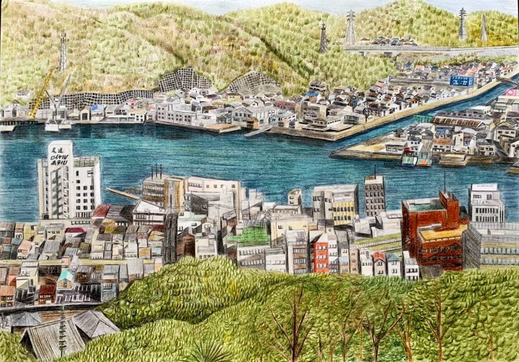 aorie_iroen building city colored_pencil_(medium) forest lake nature no_humans original real_world_location river riverbank scenery traditional_media tree water