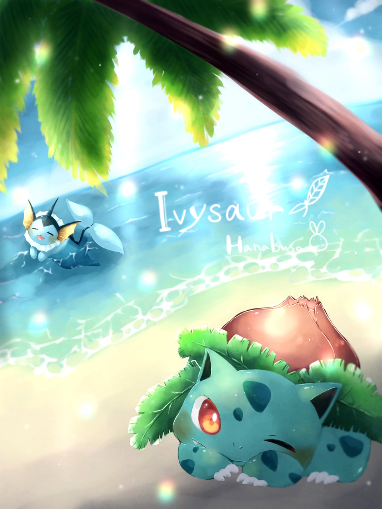 animal_focus beach blue_skin blue_sky closed_eyes clouds colored_skin commentary_request fins forked_tail hanabusaoekaki head_fins highres horizon ivysaur no_humans one_eye_closed open_mouth outdoors palm_tree pokemon pokemon_(creature) red_eyes sky tail tree vaporeon water