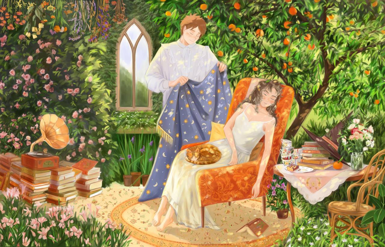 1boy 1girl animal_on_lap armchair bare_arms barefoot blanket blue_sky book bookstore bouquet brown_hair bush carpet cat cat_on_lap chair closed_eyes closed_mouth collarbone collared_shirt commentary curled_up day dress english_commentary flower food fruit full_body garden hand_on_lap holding holding_blanket indoors kuwagatata light_blush long_dress long_hair long_sleeves on_lap open_book orange_(fruit) orange_tree original parted_lips phonograph pink_flower shirt shop short_hair sitting sky sleeping sleeveless sleeveless_dress smile spaghetti_strap table tablecloth tree vase white_dress white_shirt window