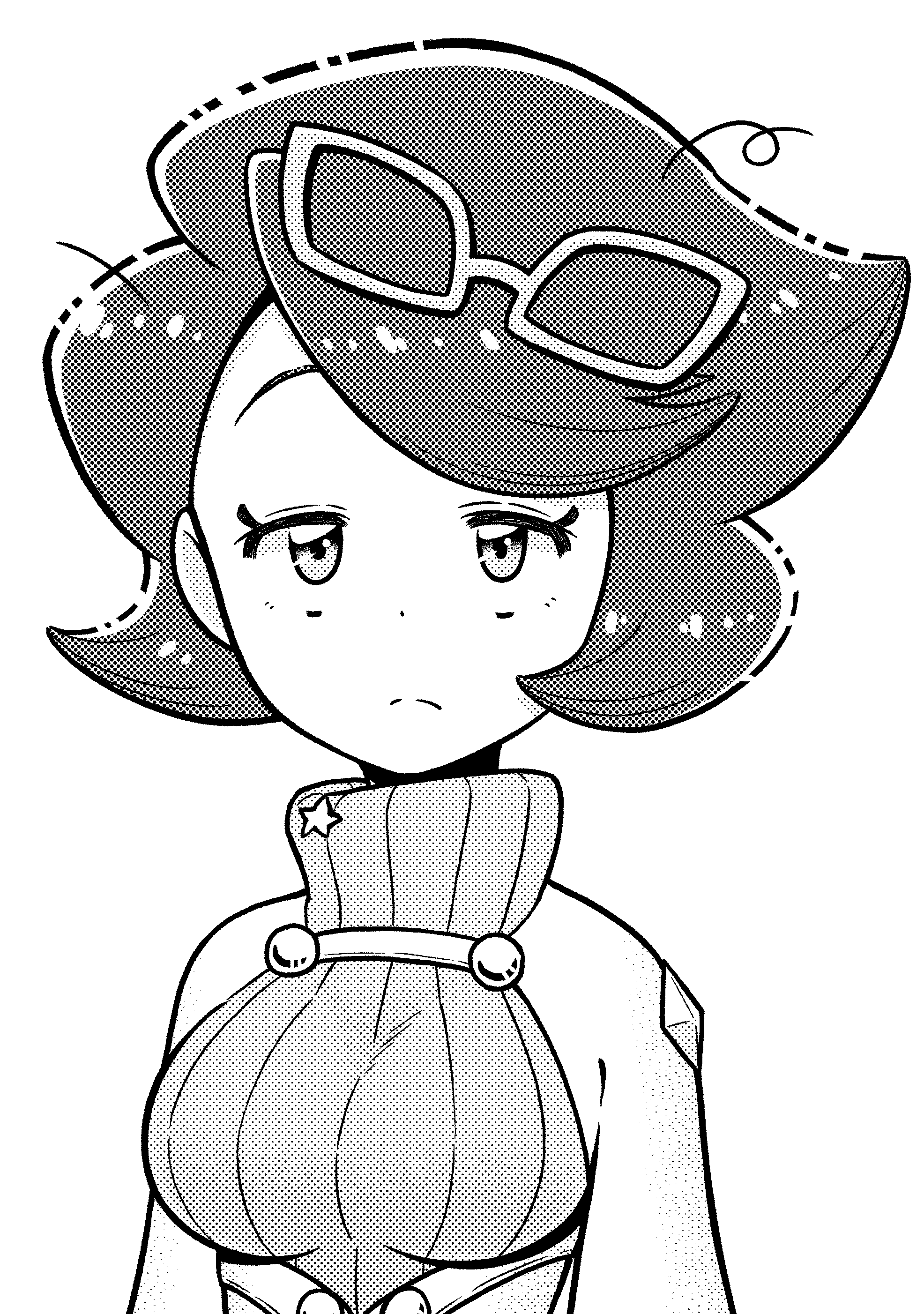 1girl absurdres big_hair breasts buttons capelet eyewear_on_head glasses greyscale half-closed_eyes highres large_breasts long_sleeves monochrome pokemon pokemon_(game) pokemon_sm ribbed_sweater sleepy solo sweater turtleneck turtleneck_sweater wicke_(pokemon) ziburikito