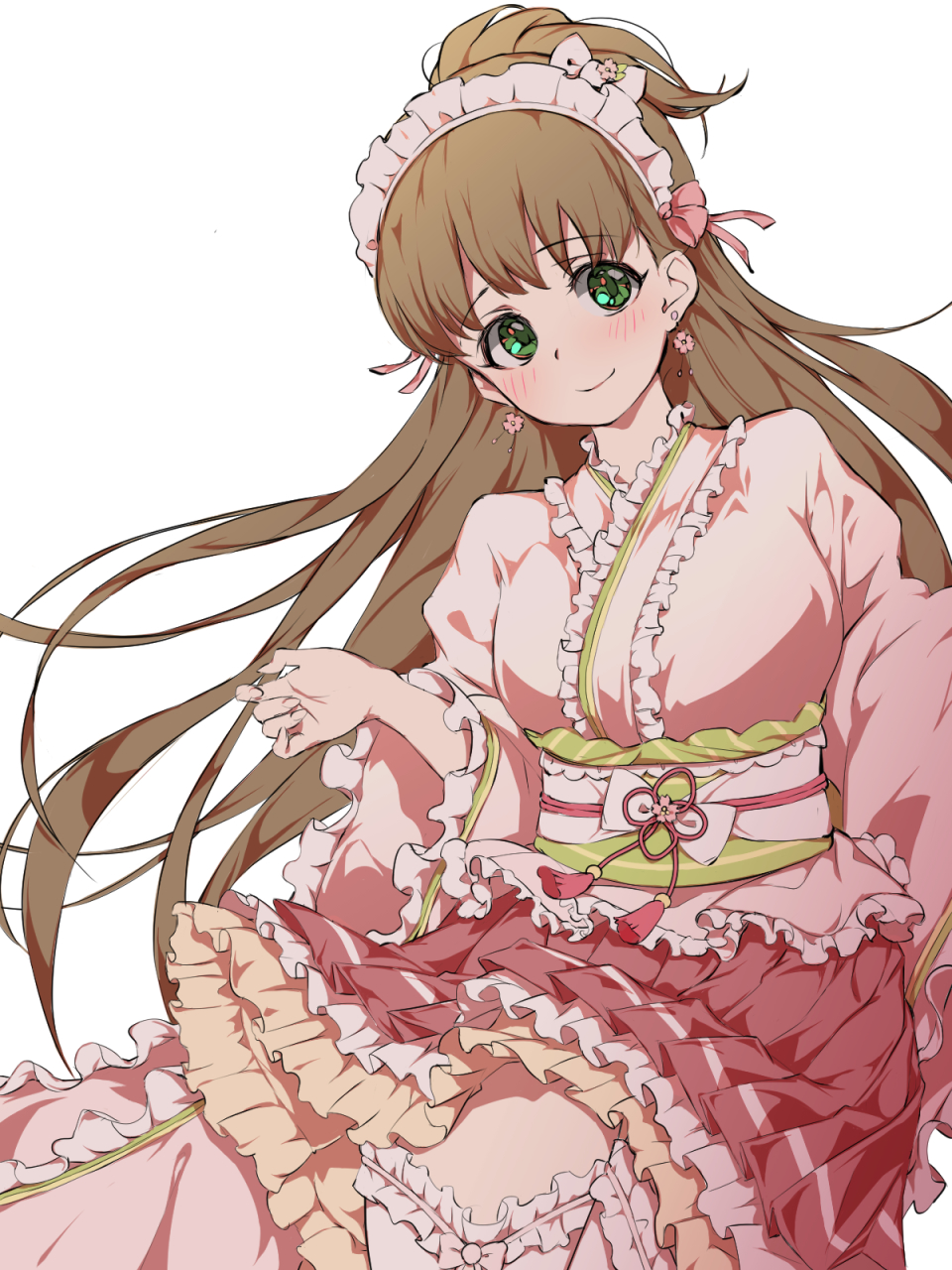 1girl blush bow breasts brown_hair closed_mouth dot_nose dress earrings flower_earrings frilled_dress frilled_thighhighs frills green_eyes hair_bow hand_up headdress highres idolmaster idolmaster_cinderella_girls idolmaster_cinderella_girls_starlight_stage jewelry karan large_breasts layered_dress long_hair long_sleeves looking_at_viewer makihara_shiho obi obiage obijime pink_dress pink_ribbon pink_thighhighs ponytail ribbon sash simple_background smile solo thigh-highs white_background wide_sleeves