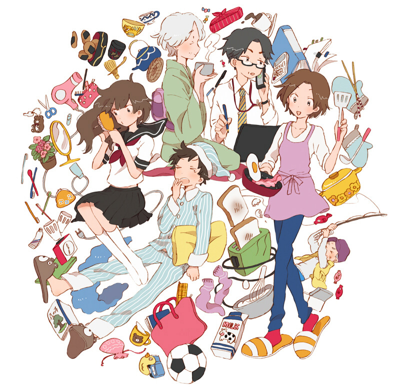 &gt;_&lt; 3boys 3girls ahoge animal_print animal_slippers apron bacon bag ball bear_slippers black-framed_eyewear black_hair black_sailor_collar black_serafuku black_skirt blue_headwear blue_pajamas blue_pants blue_shirt bow brown_footwear brown_hair brushing_hair brushing_own_hair buttons cabbie_hat cellphone character_request closed_eyes closed_mouth collar collarbone collared_shirt copyright_request cow_print cup cushion eggshell everyone fish fishing_rod food food_in_mouth fried_egg from_side frying_pan full_body glasses green_kimono h_kawa hair_dryer hand_in_own_hair hand_to_own_mouth handbag hat holding holding_brush holding_cup holding_fishing_rod holding_frying_pan holding_pen holding_phone holding_pillow holding_spatula japanese_clothes kimono kneehighs long_hair long_sleeves looking_at_food midriff_peek milk_carton miniskirt mouth_hold mug multiple_boys multiple_girls neckerchief necktie nightcap no_shoes o3o open_mouth orange_footwear pajamas pants pen phone pillow pink_apron pink_bag pink_bow pleated_skirt pocket pom_pom_(clothes) purple_headwear purple_socks red_neckerchief red_socks sailor_collar sailor_shirt school_uniform scissors seiza serafuku shirt short_hair short_sleeves sitting skirt slippers smartphone smile soccer_ball socks spatula steam striped striped_footwear striped_headwear striped_necktie striped_pants striped_shirt sweatdrop sweatpants tablet_pc talking teacup tearing_up teeth toast toast_in_mouth toaster two-tone_footwear unworn_socks upper_teeth_only v-neck vertical-striped_headwear vertical-striped_pajamas vertical-striped_pants vertical-striped_shirt vertical_stripes vest waist_bow white_background white_collar white_eyes white_footwear white_hair white_shirt white_socks wide_sleeves yawning yellow_necktie yellow_vest zabuton