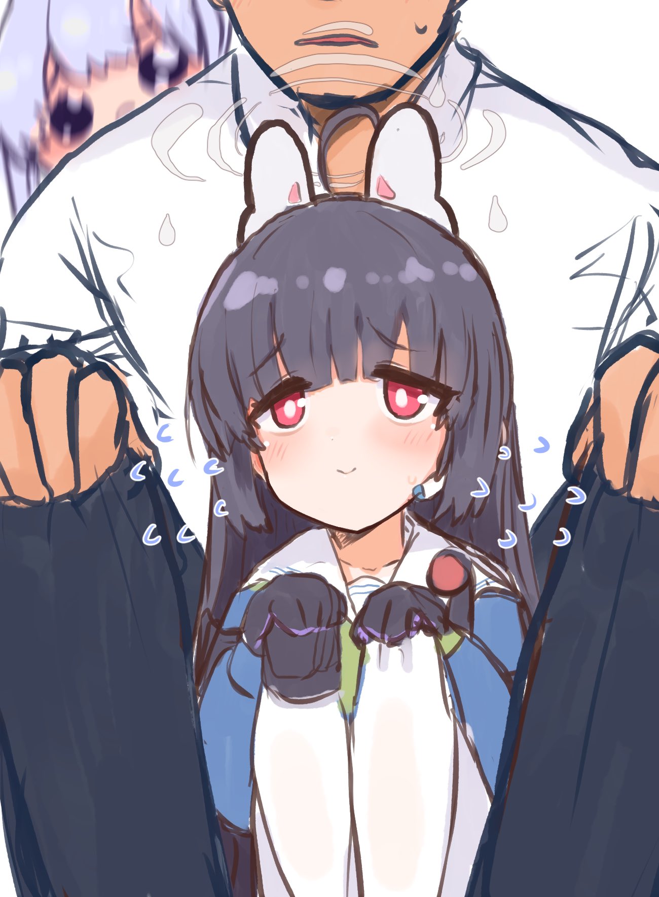 1boy 2girls ahoge animal_ear_headphones animal_ears behind_another black_gloves black_hair black_pants blue_archive blue_shirt blue_skirt blush collar collarbone fake_animal_ears flying_sweatdrops frown furrowed_brow gloves grey_halo halo hands_on_own_knees headphones headpiece highres knee_pads knees_up long_hair looking_at_viewer looking_up miyako_(blue_archive) miyu_(blue_archive) multiple_girls open_mouth pants peeking_out pleading_eyes red_eyes sad sensei_(blue_archive) shiming_liangjing shirt simple_background single_knee_pad sitting sitting_on_lap sitting_on_person skirt smile thigh-highs uniform white_background white_collar white_hair white_shirt white_thighhighs