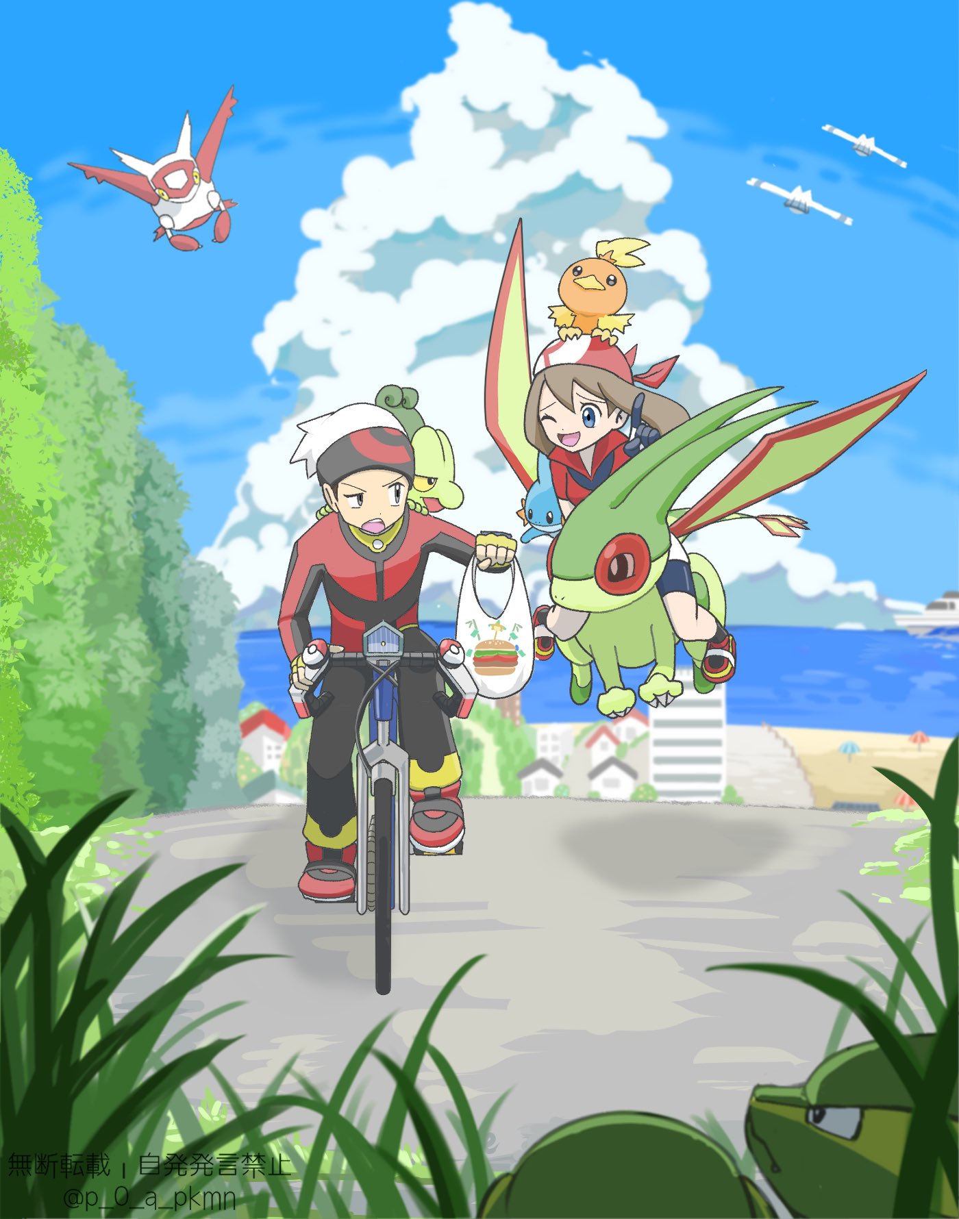 bag bandana bicycle black_eyes blue_eyes blue_sky brendan_(pokemon) claws clouds colored_sclera commentary_request flygon flying grass highres holding holding_bag horizon latias may_(pokemon) mudkip on_head one_eye_closed open_mouth p_0_a pokemon pokemon_(creature) pokemon_(game) pokemon_on_head pokemon_rse raised_eyebrow red_bandana riding riding_bicycle ship sky starter_pokemon_trio teeth torchic tree treecko upper_teeth_only watercraft wings wingull yellow_sclera