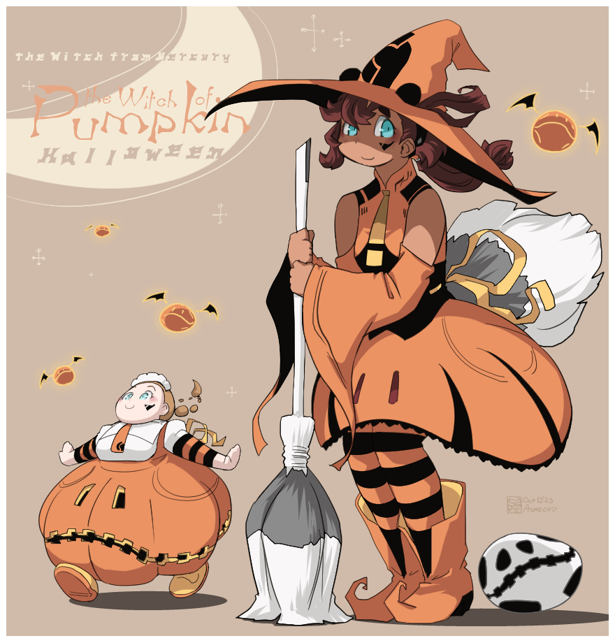 animal_ears aoneco artist_name blue_eyes boots braid braided_ponytail broom brown_hair clothing_cutout collared_shirt commentary dark-skinned_female dark_skin dress english_text facial_mark gundam gundam_suisei_no_majo halloween halloween_costume haro hat holding holding_broom lilique_kadoka_lipati long_dress long_sleeves low_ponytail medium_dress orange_dress orange_footwear orange_headwear orange_pantyhose outstretched_arms pantyhose parody pinafore_dress pointy_footwear redhead shirt shoes shoulder_cutout signature single_braid sleeveless sleeveless_dress spread_arms striped striped_pantyhose suletta_mercury title_parody walking white_shirt wide_sleeves witch_hat